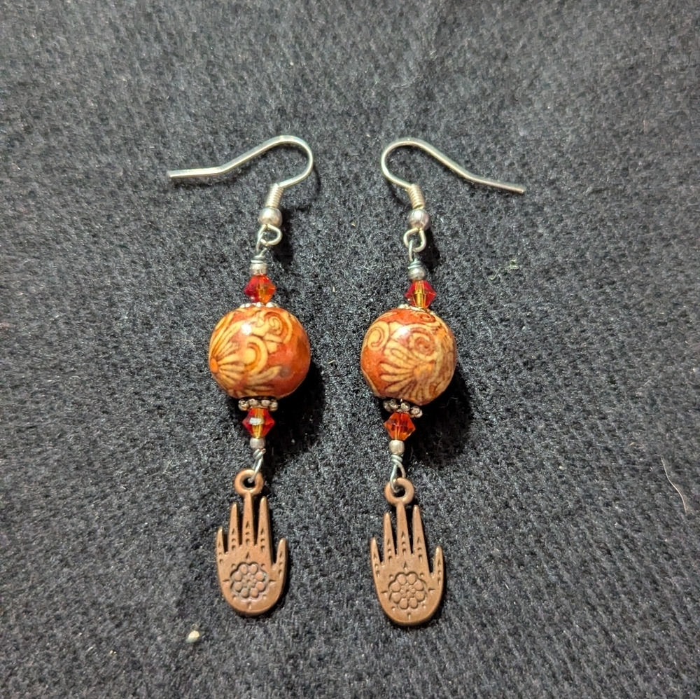 Brown And Orange Beaded Hand Lightweight Dangle Statement Earrings